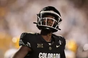 BOULDER, COLORADO - AUGUST 29: Shedeur Sanders #2 of the Colorado Buffaloes celebrates after throwing his 100th career touchdown during the third quarter against the North Dakota State Bison at Folsom Field on August 29, 2024 in Boulder, Colorado