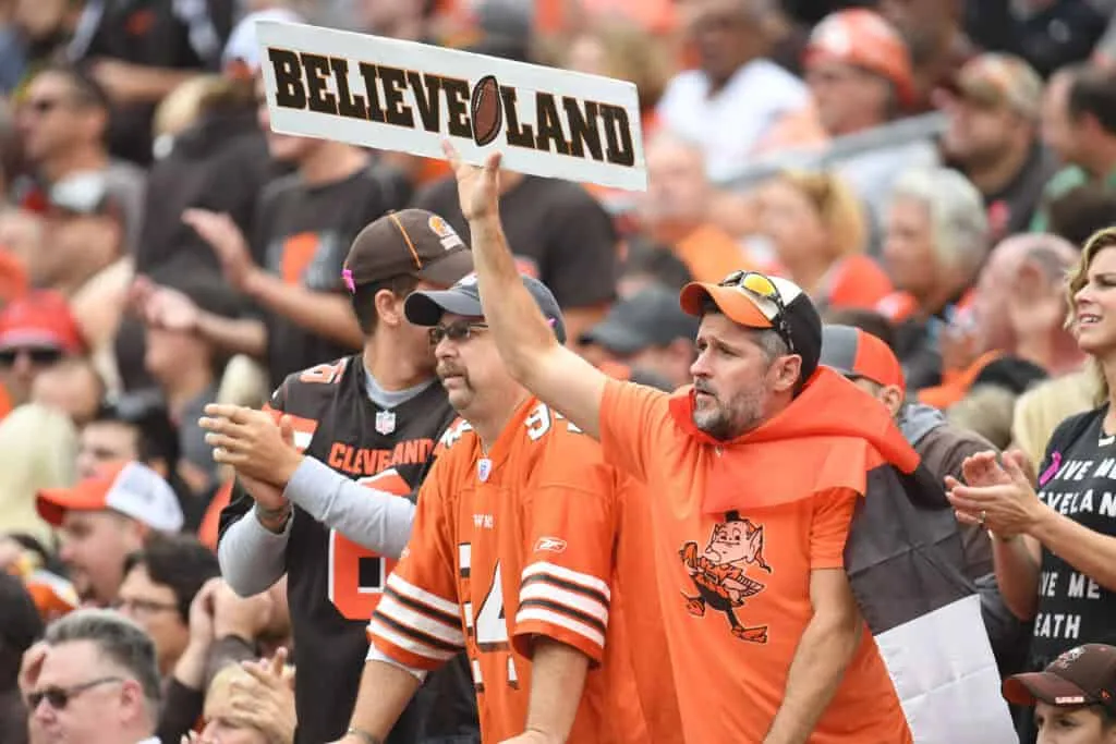 CLEVELAND, OH - OCTOBER 07: Cleveland Browns hold a sign in support of their team in the first quarter against the Baltimore Ravens at FirstEnergy Stadium on October 7, 2018 in Cleveland, Ohio.