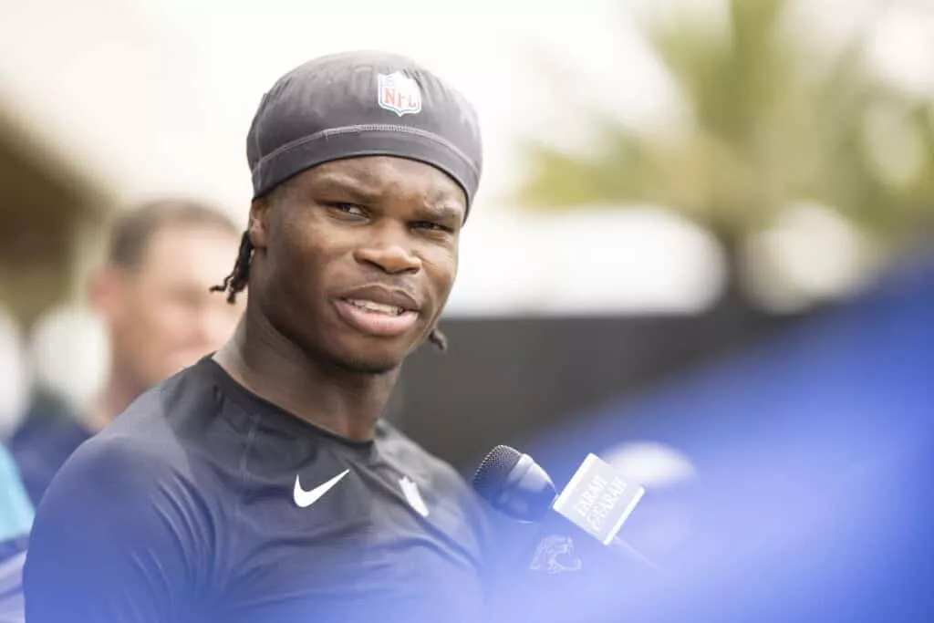 JACKSONVILLE, FLORIDA - MAY 10: Travis Hunter #12 of the Jacksonville Jaguars speaks to the Media during Jacksonville Jaguars Rookie Minicamp at Miller Electric Center on May 10, 2025 in Jacksonville, Florida.