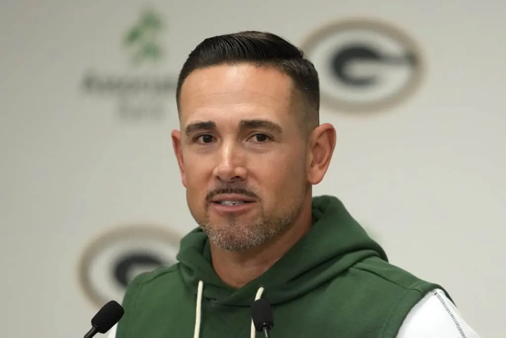 GREEN BAY, WISCONSIN - SEPTEMBER 07: Head coach Matt LaFleur of the Green Bay Packers speaks to the media after the game against the Detroit Lions at Lambeau Field on September 07, 2025 in Green Bay, Wisconsin.