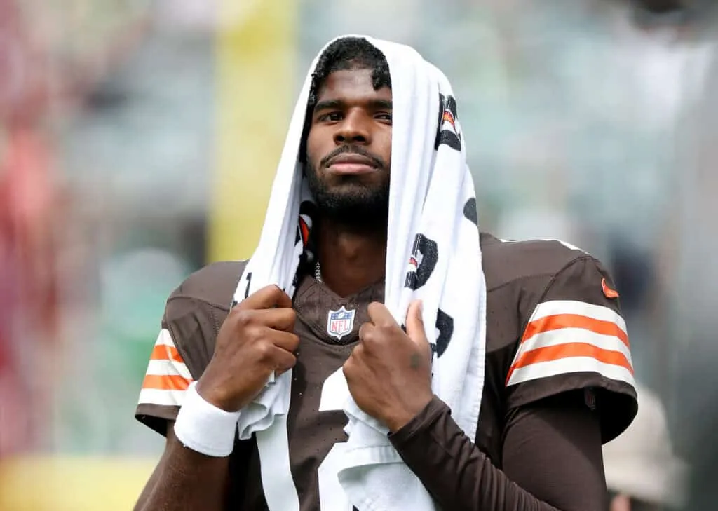 PHILADELPHIA, PENNSYLVANIA - AUGUST 16: Shedeur Sanders #12 of the Cleveland Browns stands on the sideline during the first quarter of the NFL Preseason 2025 game between Cleveland Browns and Philadelphia Eagles at Lincoln Financial Field on August 16, 2025 in Philadelphia, Pennsylvania.