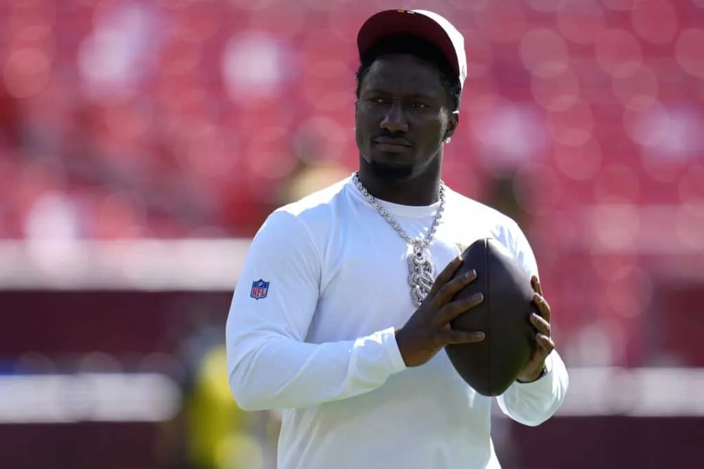 LANDOVER, MARYLAND - AUGUST 23: Deebo Samuel #1 of the Washington Commanders warms up before a game against the Baltimore Ravens during the NFL Preseason 2025 game at Northwest Stadium on August 23, 2025 in Landover, Maryland.