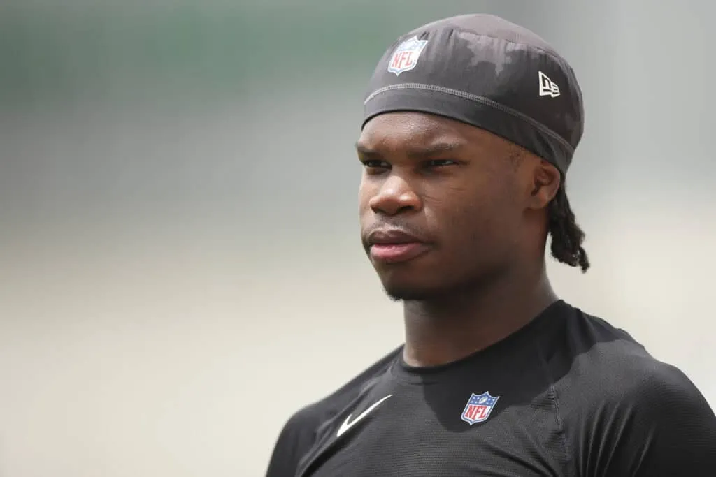 JACKSONVILLE, FLORIDA - MAY 10: Travis Hunter #12 of the Jacksonville Jaguars runs looks on during Jacksonville Jaguars Rookie Minicamp at Miller Electric Center on May 10, 2025 in Jacksonville, Florida.