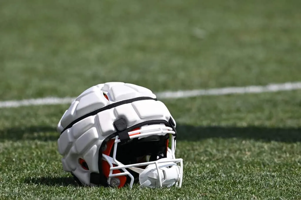 BEREA, OHIO - JULY 28: A view of a Guardian Cap on a Cleveland Browns helmet after Cleveland Browns training camp at CrossCountry Mortgage Campus on July 28, 2025 in Berea, Ohio.