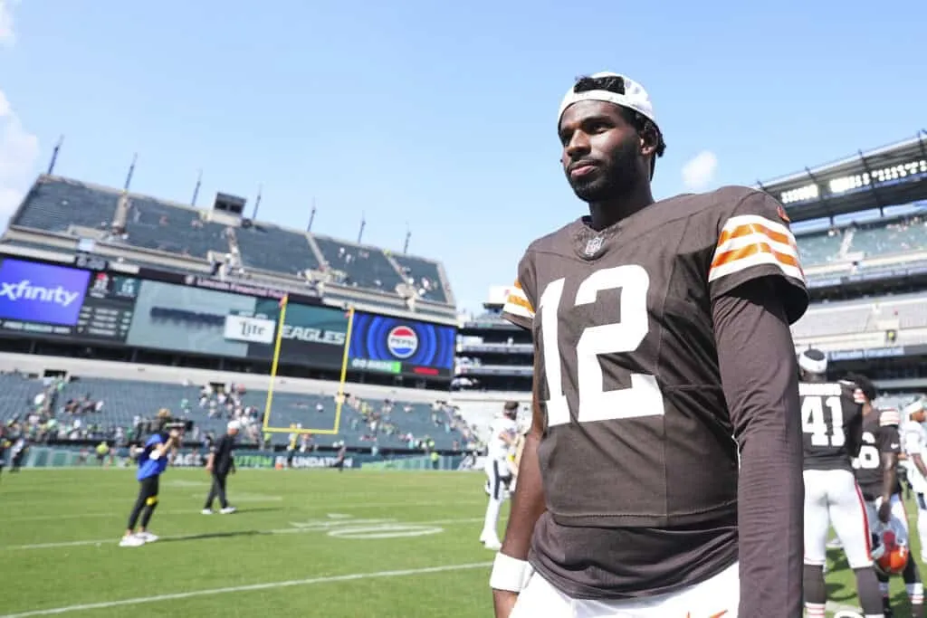 PHILADELPHIA, PENNSYLVANIA - AUGUST 16: Shedeur Sanders #12 of the Cleveland Browns looks on after the NFL Preseason 2025 game against the Philadelphia Eagles at Lincoln Financial Field on August 16, 2025 in Philadelphia, Pennsylvania. The Cleveland Browns defeated the Philadelphia Eagles 22-13.