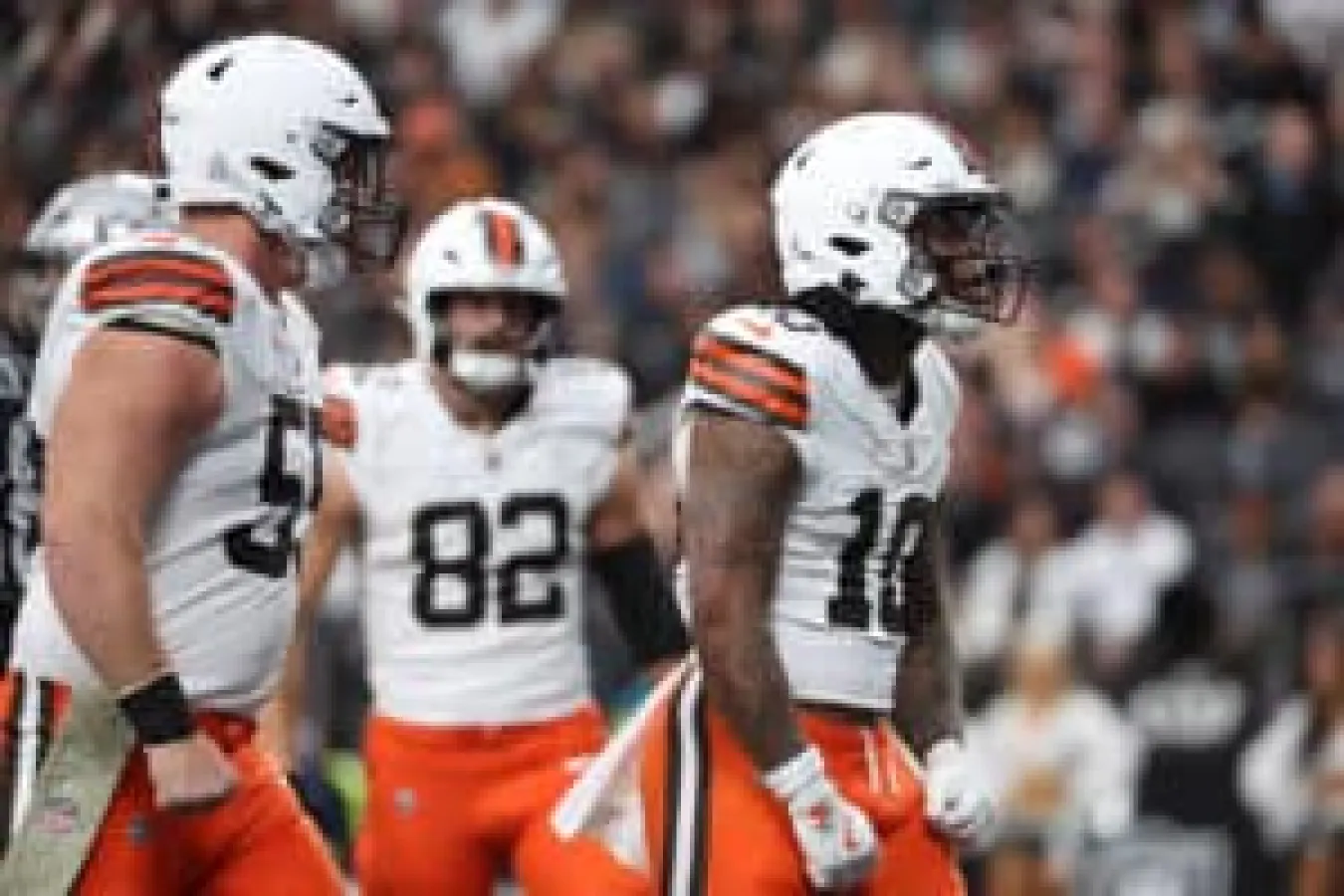 LAS VEGAS, NEVADA - NOVEMBER 23: Quinshon Judkins #10 of the Cleveland Browns celebrates after a touchdown in the first quarter against the Las Vegas Raiders at Allegiant Stadium on November 23, 2025 in Las Vegas, Nevada.