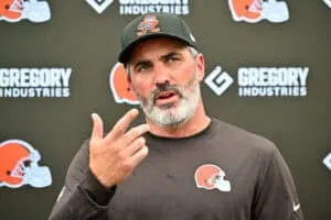 BEREA, OHIO - JULY 25: Head coach Kevin Stefanski of the Cleveland Browns talks to reporters during training camp at CrossCountry Mortgage Campus on July 25, 2025 in Berea, Ohio.