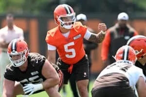 BEREA, OHIO - JUNE 11: Dillon Gabriel #5 of the Cleveland Browns runs a drill during Cleveland Browns mandatory minicamp at CrossCountry Mortgage Campus on June 11, 2025 in Berea, Ohio.