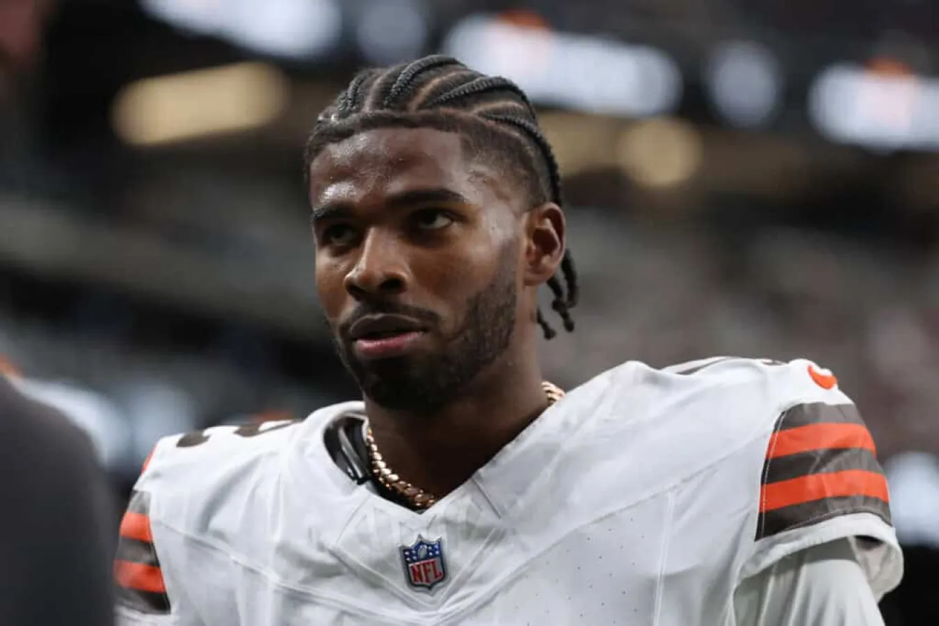 LAS VEGAS, NEVADA - NOVEMBER 23: Shedeur Sanders #12 of the Cleveland Browns looks on before the game against the Las Vegas Raiders at Allegiant Stadium on November 23, 2025 in Las Vegas, Nevada.