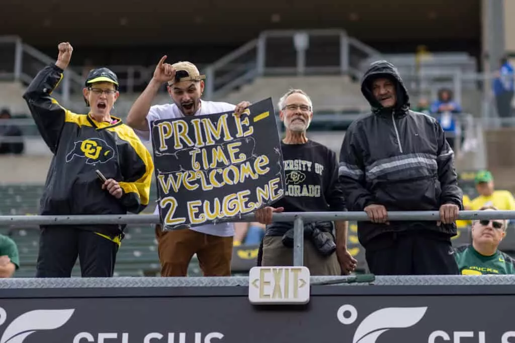EUGENE, OREGON - SEPTEMBER 23: Colorado Buffaloes fans cheer against the Oregon Ducks before their game at Autzen Stadium on September 23, 2023 in Eugene, Oregon.