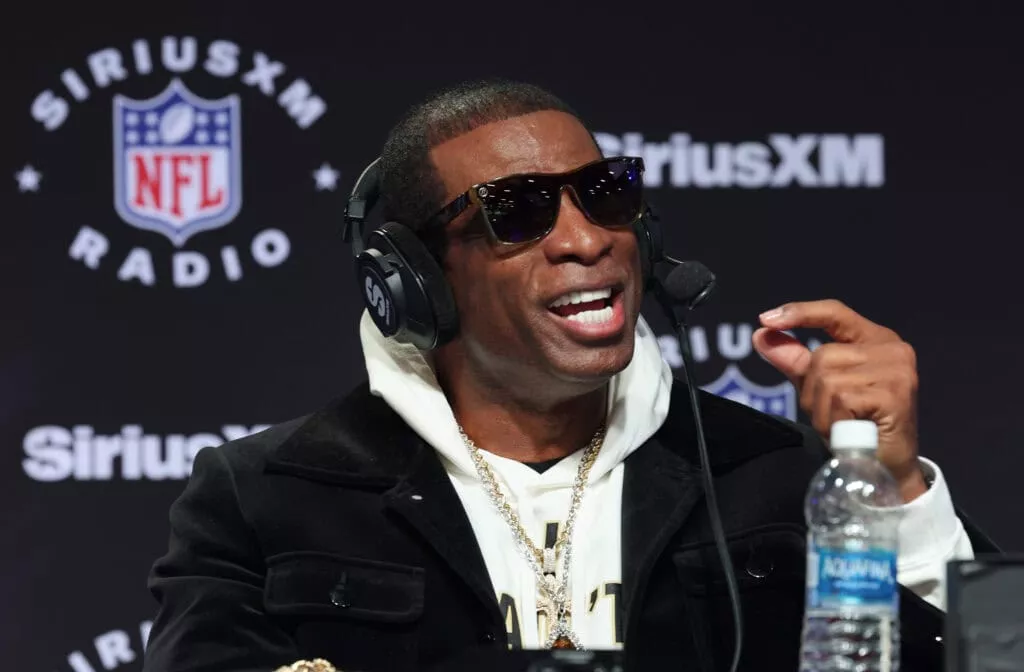 LAS VEGAS, NEVADA - FEBRUARY 08: Deion "Coach Prime" Sanders speaks on SiriusXM at Super Bowl LVIII on February 08, 2024 in Las Vegas, Nevada.