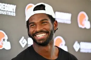 BEREA, OHIO - JULY 25: Quarterback Shedeur Sanders #12 of the Cleveland Browns talks to reporters during training camp at CrossCountry Mortgage Campus on July 25, 2025 in Berea, Ohio.