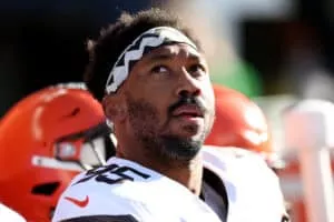 SEATTLE, WASHINGTON - OCTOBER 29: Myles Garrett #95 of the Cleveland Browns looks on during the second quarter Seahawks at Lumen Field on October 29, 2023 in Seattle, Washington.