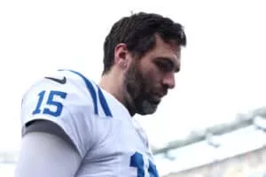 EAST RUTHERFORD, NEW JERSEY - DECEMBER 29: Joe Flacco #15 of the Indianapolis Colts looks on against the New York Giants at MetLife Stadium on December 29, 2024 in East Rutherford, New Jersey.