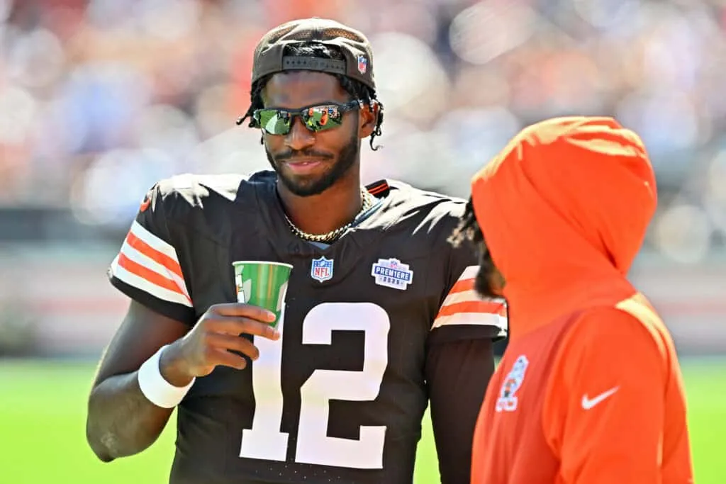 CLEVELAND, OHIO - SEPTEMBER 07: Shedeur Sanders #12 of the Cleveland Browns looks on during the third quarter against the Cincinnati Bengals during the game at Huntington Bank Field on September 07, 2025 in Cleveland, Ohio.