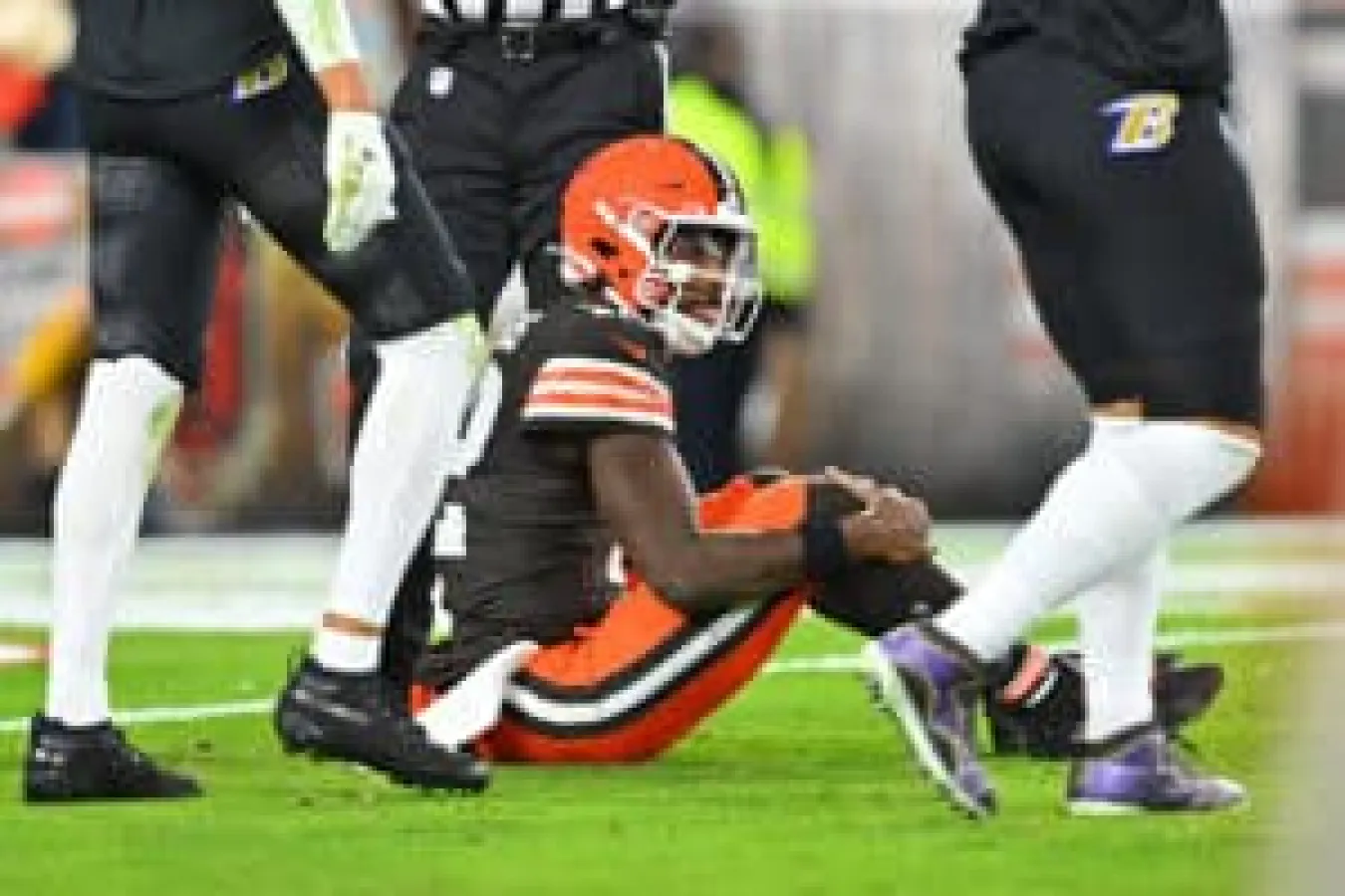 CLEVELAND, OHIO - NOVEMBER 16: Shedeur Sanders #12 of the Cleveland Browns looks on during the game against the Baltimore Ravens at Huntington Bank Field on November 16, 2025 in Cleveland, Ohio.