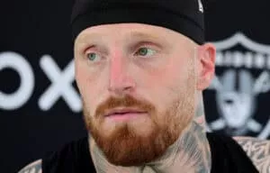 HENDERSON, NEVADA - MAY 21: Maxx Crosby #98 of the Las Vegas Raiders attends a news conference after an OTA offseason workout at the Las Vegas Raiders Headquarters/Intermountain Healthcare Performance Center on May 21, 2025 in Henderson, Nevada.