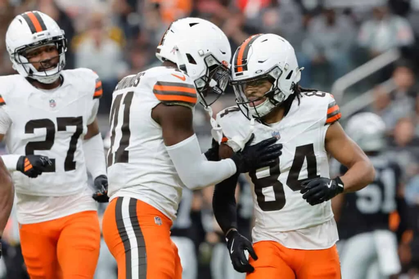 LAS VEGAS, NEVADA - NOVEMBER 23: Gage Larvadain #84 of the Cleveland Browns reacts to a kickoff return in the first quarter against the Las Vegas Raiders at Allegiant Stadium on November 23, 2025 in Las Vegas, Nevada.