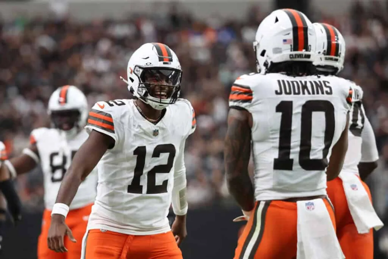 LAS VEGAS, NEVADA - NOVEMBER 23: Shedeur Sanders #12 and Quinshon Judkins #10 of the Cleveland Browns celebrate after a touchdown in the first quarter against the Las Vegas Raiders at Allegiant Stadium on November 23, 2025 in Las Vegas, Nevada.
