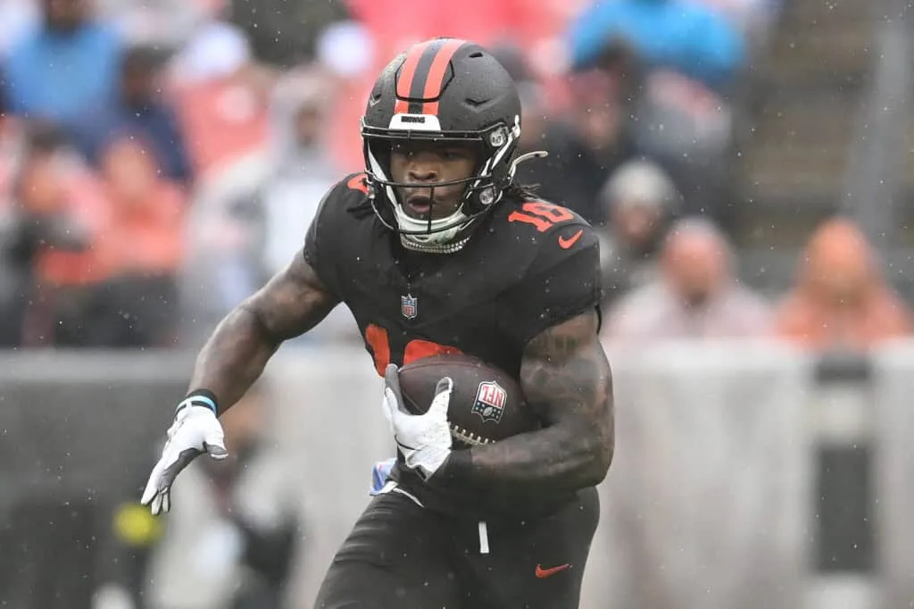 CLEVELAND, OHIO - OCTOBER 19: Quinshon Judkins #10 of the Cleveland Browns runs with the ball against the Miami Dolphins at Huntington Bank Field on October 19, 2025 in Cleveland, Ohio.