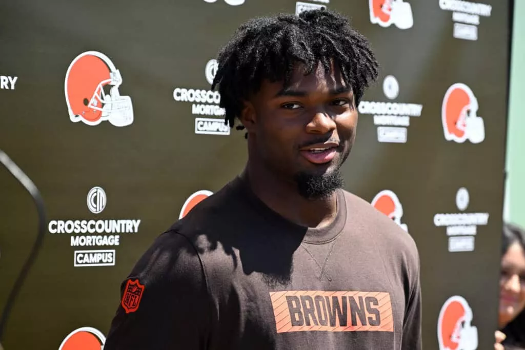 BEREA, OHIO - MAY 09: Harold Fannin Jr. #88 of the Cleveland Browns answers questions from the media during a press conference prior to rookie minicamp at CrossCountry Mortgage Campus on May 09, 2025 in Berea, Ohio.