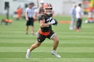 BEREA, OHIO - JUNE 12: Wide receiver Luke Floriea #37 of the Cleveland Browns runs a play during organized team activities at CrossCountry Mortgage Campus on June 12, 2025 in Berea, Ohio.