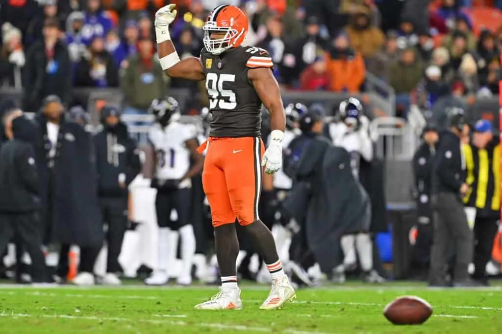 CLEVELAND, OHIO - NOVEMBER 16: Myles Garrett #95 of the Cleveland Browns gestures to the crowd during the second quarter against the Baltimore Ravens at Huntington Bank Field on November 16, 2025 in Cleveland, Ohio.