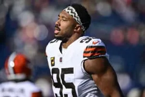 FOXBOROUGH, MASSACHUSETTS - OCTOBER 26: Myles Garrett #95 of the Cleveland Browns looks on during warmups prior to the game against the New England Patriots at Gillette Stadium on October 26, 2025 in Foxborough, Massachusetts.