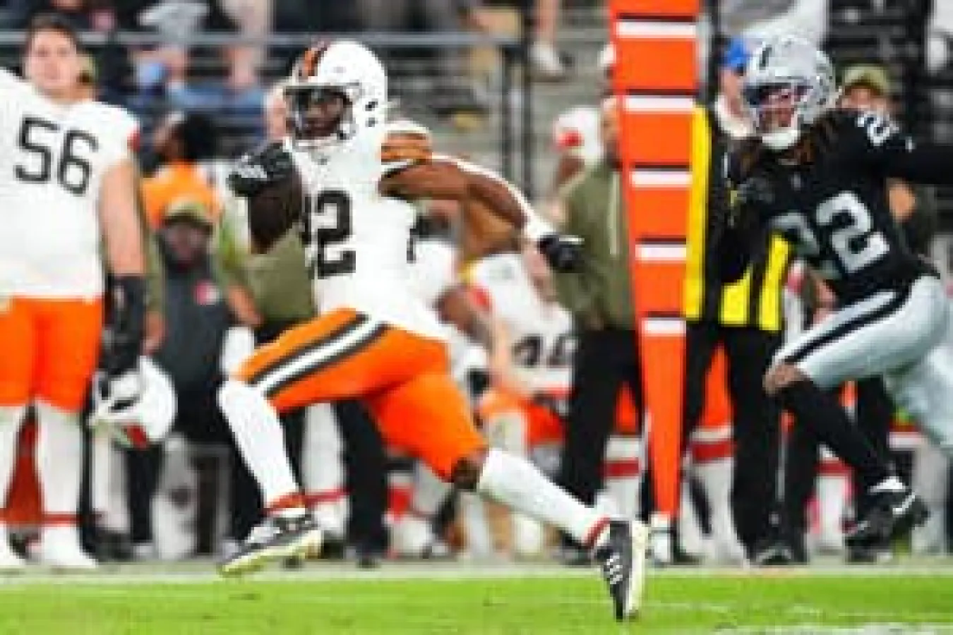 LAS VEGAS, NEVADA - NOVEMBER 23: Dylan Sampson #22 of the Cleveland Browns runs the ball in the fourth quarter against the Las Vegas Raiders at Allegiant Stadium on November 23, 2025 in Las Vegas, Nevada.