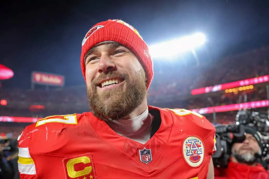 KANSAS CITY, MISSOURI - JANUARY 26: Travis Kelce #87 of the Kansas City Chiefs reacts after defeating the Buffalo Bills 32-29 in the AFC Championship Game at GEHA Field at Arrowhead Stadium on January 26, 2025 in Kansas City, Missouri.