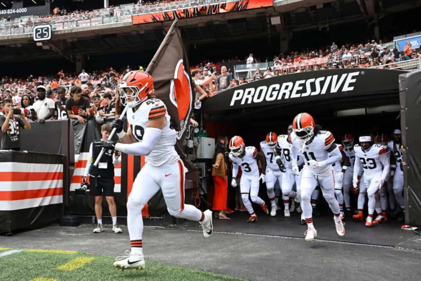 CLEVELAND, OHIO - AUGUST 23: The Cleveland Browns are introduced prior to an NFL Preseason 2025 game against the Los Angeles Rams at Huntington Bank Field on August 23, 2025 in Cleveland, Ohio.