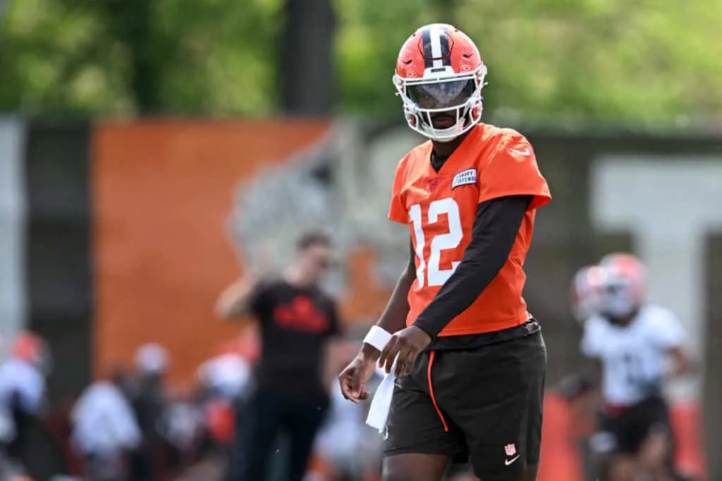 BEREA, OHIO - JUNE 10: Shedeur Sanders #12 of the Cleveland Browns looks on during Cleveland Browns mandatory minicamp at CrossCountry Mortgage Campus on June 10, 2025 in Berea, Ohio.