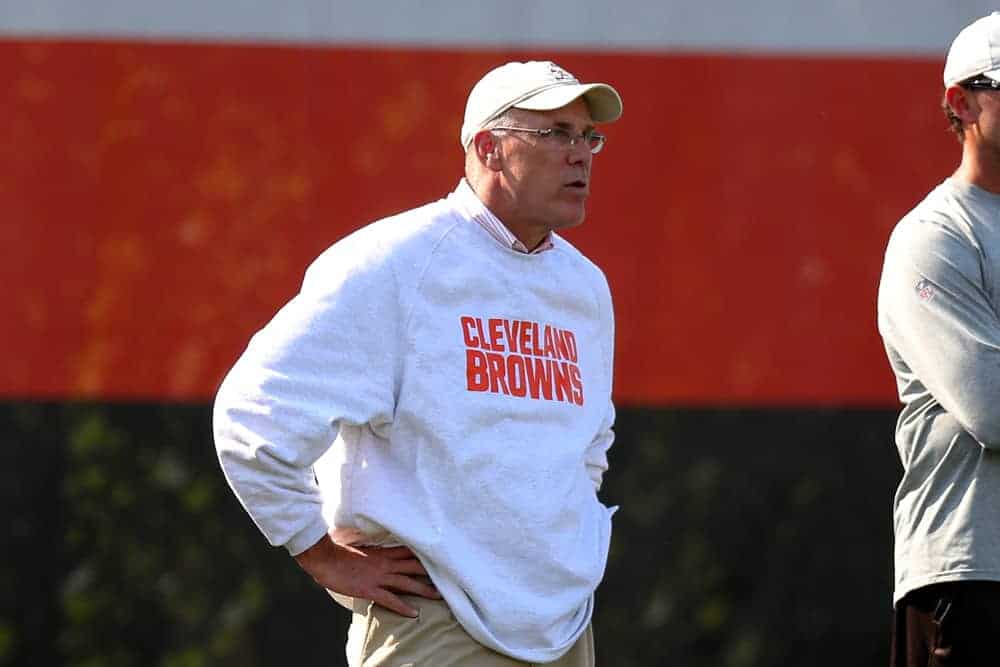 Cleveland Browns general manager John Dorsey watches drills during the Cleveland Browns Training Camp on August 12, 2018, at the at the Cleveland Browns Training Facility in Berea, Ohio.