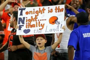 CLEVELAND, OH - SEPTEMBER 20: Cleveland Browns fans celebrate after a Browns touchdown during the third quarter of the National Football League game between the New York Jets and Cleveland Browns on September 20, 2018, at FirstEnergy Stadium in Cleveland, OH. Cleveland defeated New York 21-17.