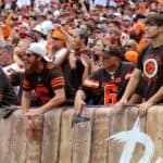 CLEVELAND, OH - SEPTEMBER 08: Cleveland Browns fans in the Dawg Pound cheer on the Browns defense during the second quarter of the National Football League game between the Tennessee Titans and Cleveland Browns on September 8, 2019, at FirstEnergy Stadium in Cleveland, OH.