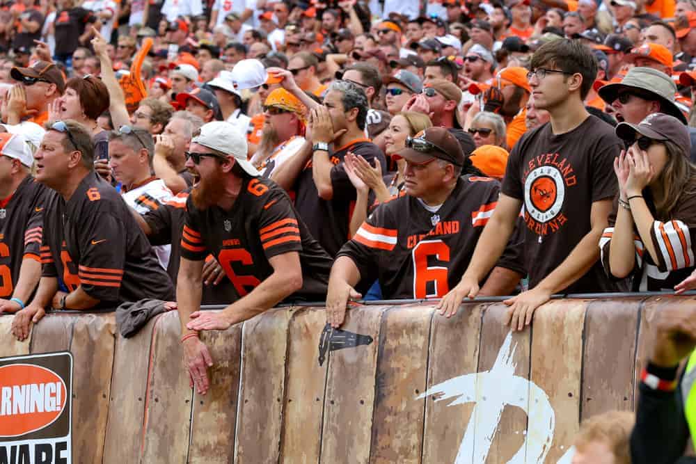 CLEVELAND, OH - SEPTEMBER 08: Cleveland Browns fans in the Dawg Pound cheer on the Browns defense during the second quarter of the National Football League game between the Tennessee Titans and Cleveland Browns on September 8, 2019, at FirstEnergy Stadium in Cleveland, OH