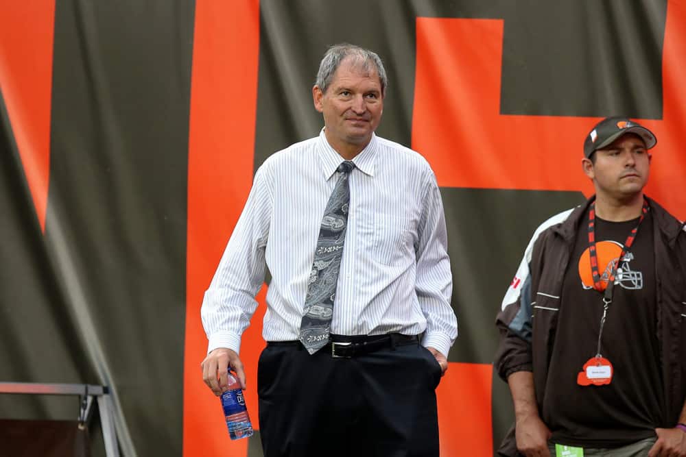 Cleveland Browns pre season broadcast sideline reporter Bernie Kosar on the field prior to the National Football League preseason game between the Buffalo Bills and Cleveland Browns on August 17, 2018, at FirstEnergy Stadium in Cleveland, OH. Buffalo defeated Cleveland 19-17. 