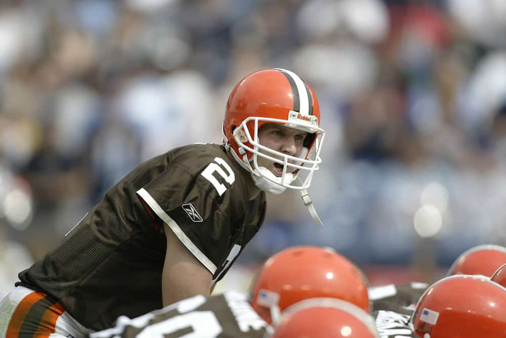 Cleveland Browns quarterback, Tim Couch, commands the offensive line during Sundays 31-28 overtime victory over the Tennessee Titans September 22, 2002 at The Coliseum.