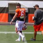 Cleveland Browns quarterback Baker Mayfield (6) walks with Cleveland Browns offensive coordinator Alex Van Pelt during drills during the Cleveland Browns Training Camp on August 30, 2020, at FirstEnergy Stadium in Cleveland, OH.