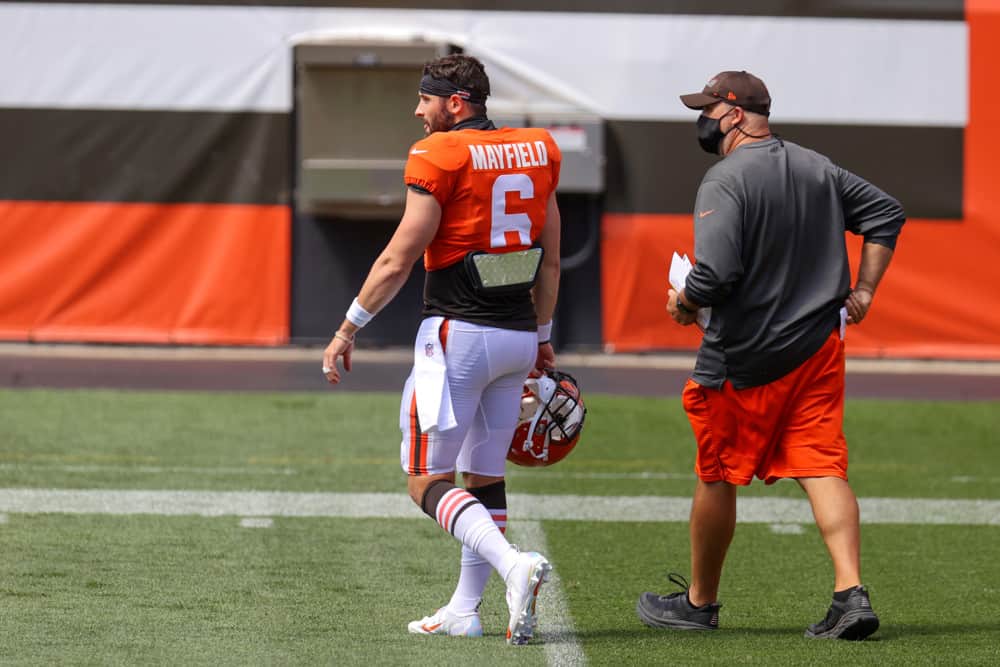 Cleveland Browns quarterback Baker Mayfield (6) walks with Cleveland Browns offensive coordinator Alex Van Pelt during drills during the Cleveland Browns Training Camp on August 30, 2020, at FirstEnergy Stadium in Cleveland, OH.