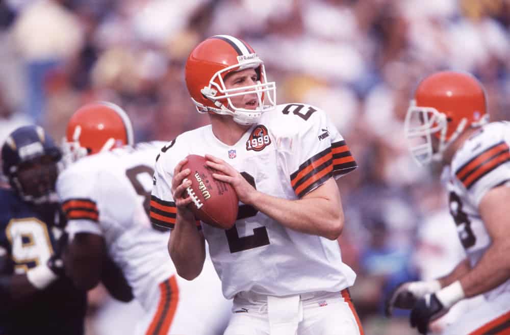 Quarterback Tim Couch of the Cleveland Browns drops back to pass during the Browns 23-10 loss to the San Diego Chargers at Qualcomm Stadium in San Diego, CA.<br />