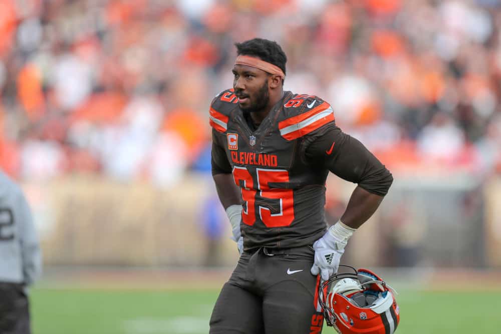 Cleveland Browns defensive end Myles Garrett (95) leaves the field at halftime of the National Football League game between the Kansas City Chiefs and Cleveland Browns on November 4, 2018, at FirstEnergy Stadium in Cleveland, OH. 