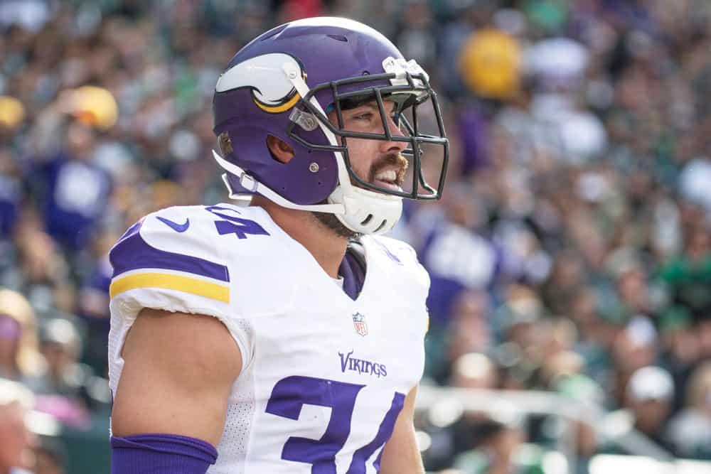 Minnesota Vikings strong safety Andrew Sendejo (34) celebrates after a play in action during a game between the Minnesota Vikings and the Philadelphia Eagles at Lincoln Financial Field on October 23, 2016 in Philadelphia, PA. The Eagles defeated the Vikings 21-10. 