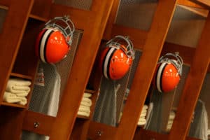 browns locker room with helmets