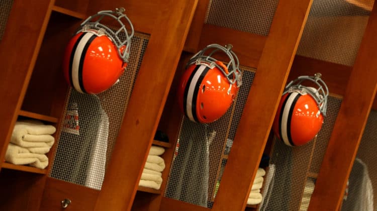 browns locker room with helmets