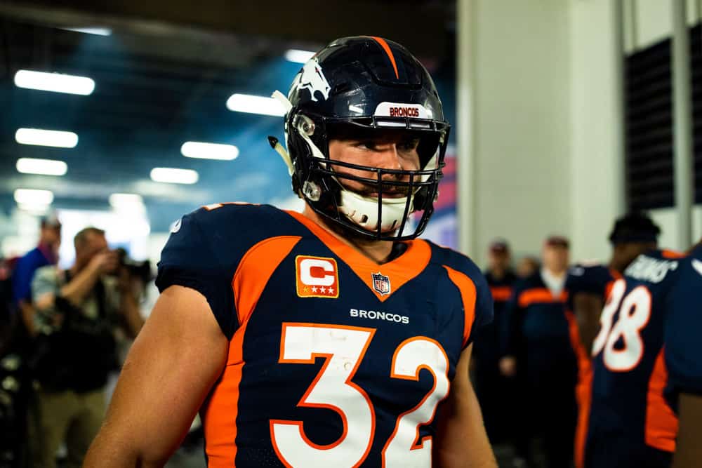Denver Broncos fullback Andy Janovich (32) in the tunnel before player introductions during the NFL regular season football game against the Kansas City Chiefs on October 01, 2018, at Broncos Stadium at Mile High in Denver, CO. 
