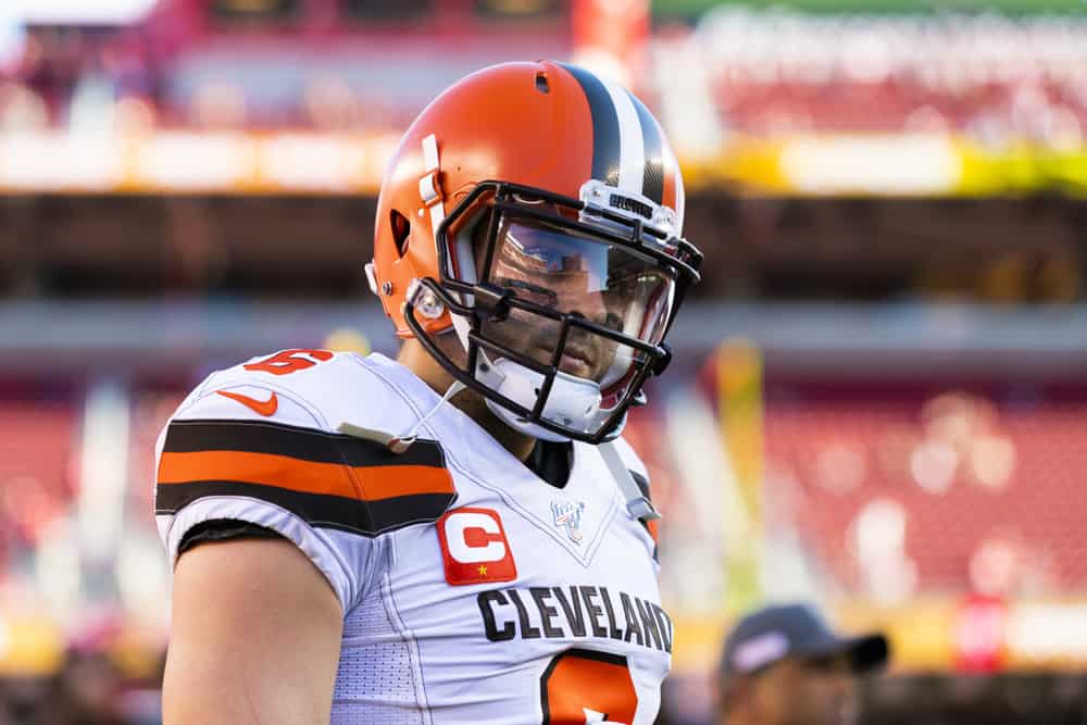 Cleveland Browns quarterback Baker Mayfield (6) during the NFL regular season football game against the San Francisco 49ers on Monday, Oct. 7, 2019 at Levi's Stadium in Santa Clara, Calif. 