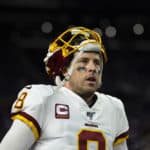 Washington Redskins quarterback Case Keenum (8) prior to an NFL regular season football game against the Minnesota Vikings on Thursday, Oct. 24, 2019 in Minneapolis. The Vikings won, 19-9.