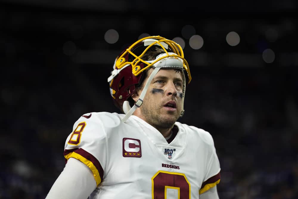 Washington Redskins quarterback Case Keenum (8) prior to an NFL regular season football game against the Minnesota Vikings on Thursday, Oct. 24, 2019 in Minneapolis. The Vikings won, 19-9.