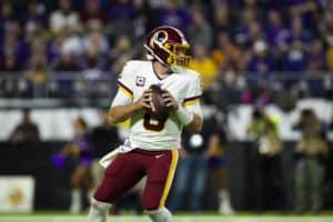 Washington Redskins quarterback Case Keenum (8) drops back to pass during an NFL regular season football game against the Minnesota Vikings on Thursday, Oct. 24, 2019 in Minneapolis. The Vikings won, 19-9.